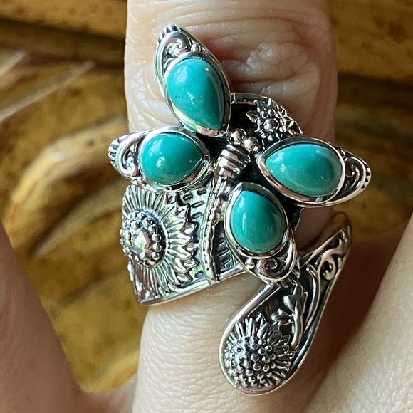 Sierra Nevada Turquoise Sterling Silver Butterfly Sunflower Ring Size 6 - Picture 1 of 9